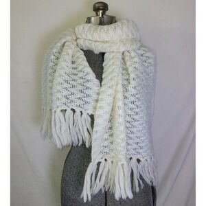 Vintage‎ 60s 70s Glentex Wool Scarf Large Knit Fringe White Ivory Unique Chevron